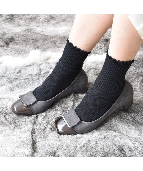 【3E】ローヒールスクエアパンプス 3E 本革