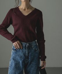 Fashion Letter(ファッションレター)/[M－5L]Vネック リブニット レディース ニット トップス 長袖 リブ 12G 綿100% コットン タイト インナー プルオーバー レイヤード 大きいサイ/バーガンディ