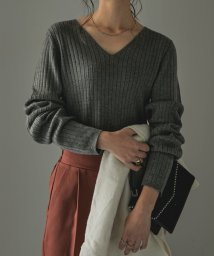 Fashion Letter/[M－5L]Vネック リブニット レディース ニット トップス 長袖 リブ 12G 綿100% コットン タイト インナー プルオーバー レイヤード 大きいサイ/504430533