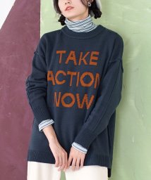 e-zakkamaniastores(イーザッカマニアストアーズ)/配色ロゴ ジャガードニットプルオーバー/ダークブルー