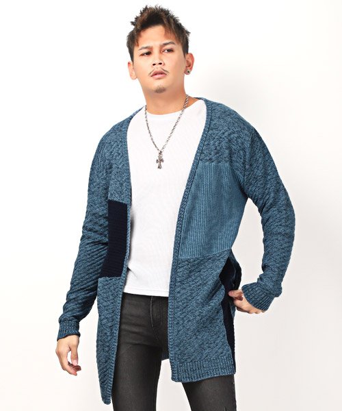 パッチワークセミロングカーディガン カーディガン メンズ ロングカーディガン パッチワーク ボタンレス ラグスタイル Luxstyle Magaseek