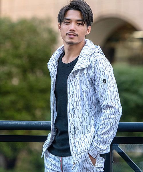Viola 総柄フルジップ長袖パーカー メンズ セットアップ可 長袖 総柄 細身 ストレッチ ジップアップ フルジップ タイト ロゴ ジム ジョギング ゴルフ ヴィオラ Viola Magaseek