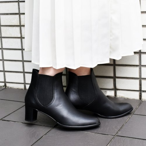 【3E】サイドゴアチャンキーヒールショートブーツ 5cm