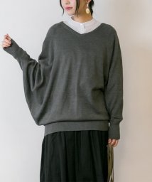 atONE(アットワン)/Vネックドルマン綿ニット プルオーバー セーター カーディガン 長袖 ブイネック V首 Tシャツ 春コーデ レディース カジュアルロングスリーブ ビッグサイズ /杢グレー