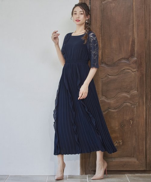 セール ワンピース ドレス レース袖 ミモレ丈 パーティードレス 結婚式 ドレス プラス Dress Magaseek