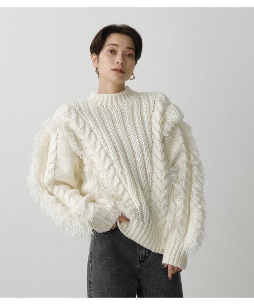 AZUL by moussy(アズールバイマウジー)/FRINGE CABLE KNIT TOPS/O/WHT1