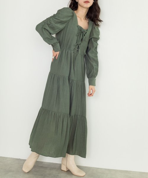 セール 袖山ギャザーレースアップ長袖ワンピース ダブルクローゼット W Closet Magaseek