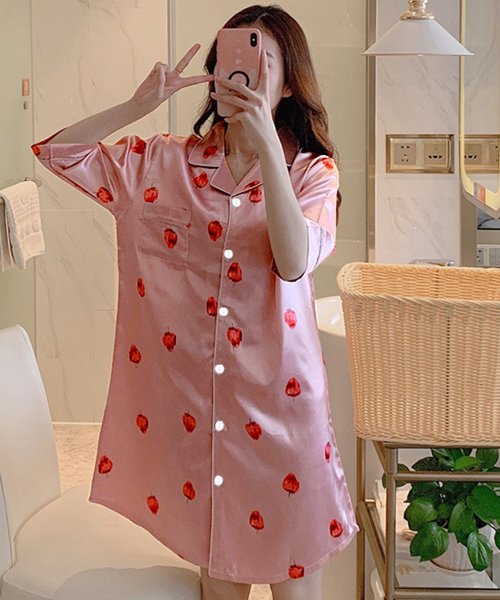 セール レディース ツヤテロ総柄半袖パジャマワンピース テディショップ Teddyshop Magaseek