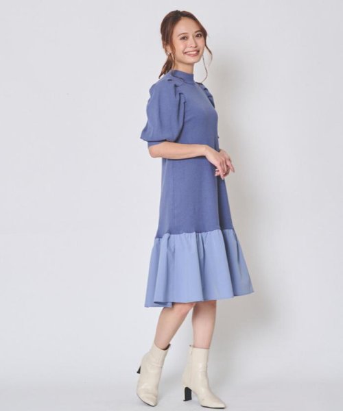 And Couture(アンドクチュール)/裾切り替え5分袖ニットミニワンピース/ブルー