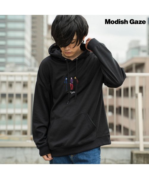 MODISH GAZE(モディッシュ ガゼ)/【MODISH GAZE】T/Cポンチ ピープルイラスト刺繍 プルパーカー/ブラック