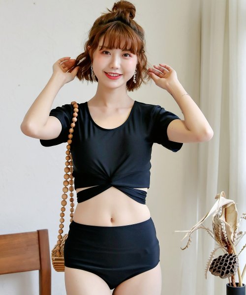 セール レディース水着 Tシャツ風バックリボンハイウエストビキニ 2点 テディショップ Teddyshop Magaseek