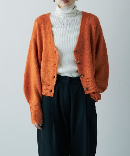 シャギーニット カーディガン レディース トップス セーター Vネック カーディガン 長袖 ジャギー 起毛 ニット ショート丈 ボリュームスリーブ ゆったり レ エトル Etoll Magaseek