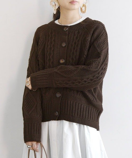 ニット カーディガン ウール混ケーブルニットカーディガン M L 秋冬 冬 レディース 洗える おしゃれ 生地 長袖 あったか ゆったり 柄 ケーブル 暖か アンドイット And It Magaseek