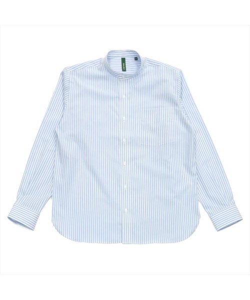 Pitta Re:)(ピッタリ)/形態安定 スタンドカラー ラウンドテール 綿100% 長袖シャツ/ブルー
