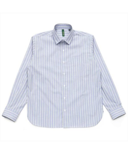 Pitta Re:)(ピッタリ)/形態安定 ワイドカラー ラウンドテール 綿100% 長袖シャツ/ブルー