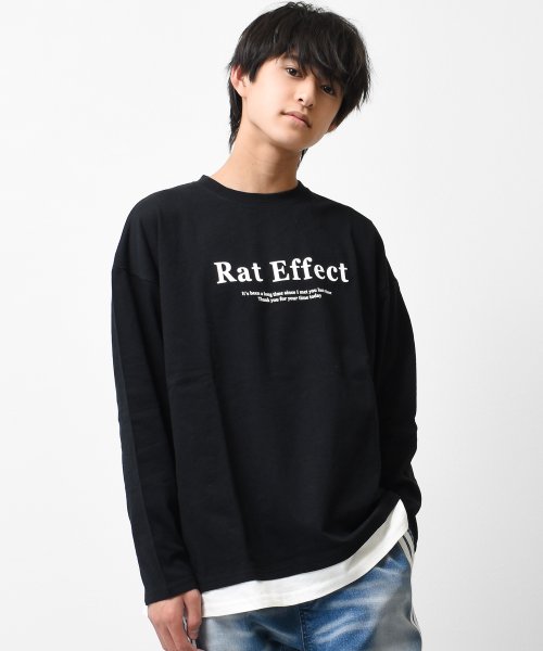 RAT EFFECT(ラット エフェクト)/裾レイヤードロゴプリントロングTシャツ/ブラック