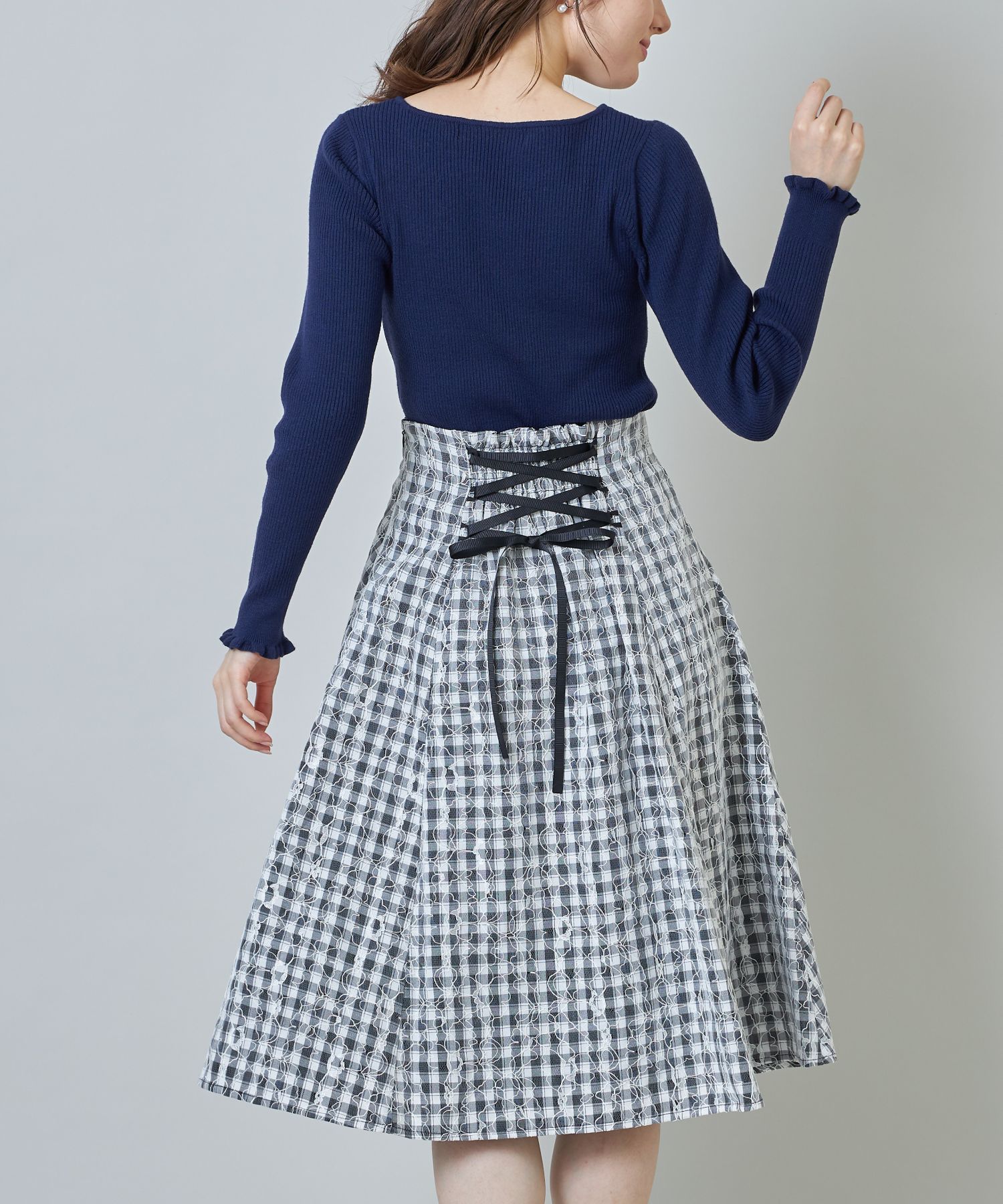 バックレースアップデザインギンガムチェック レースボンディングフレアスカート トッコクローゼット Tocco Closet Magaseek