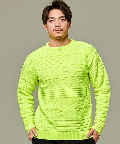 Luxe R ロゴ柄クルーネック長袖ジャガードニット メンズ セーター ブランド ロゴ ホワイト ブラック 白 黒 蛍光色 クルーネック ゴルフ 大人 カジュア エスビーセレクト Sb Select Magaseek