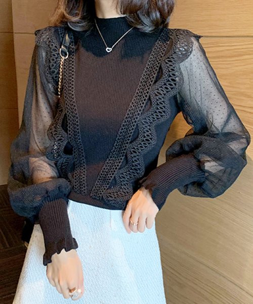 セール レースレディース Lace Ladies Vレース付きハーフハイネック長袖リブニット Magaseek