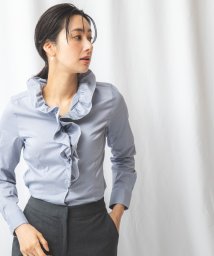 NARA CAMICIE(ナラカミーチェ)/ストレッチ細ストライプフリル衿シャツ/ブルー系