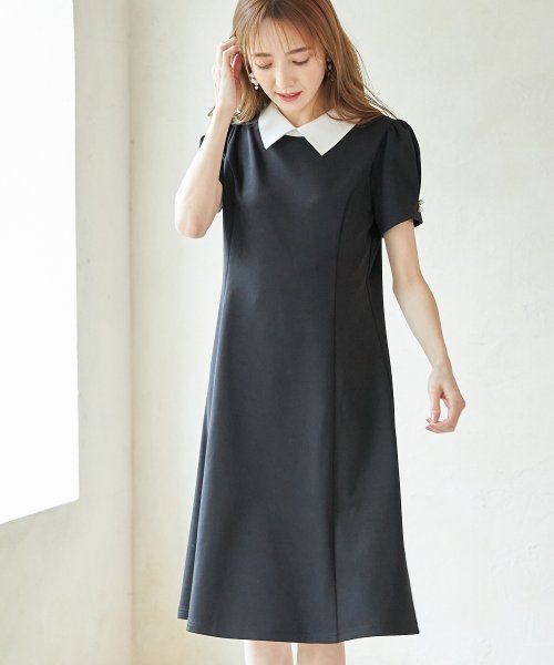 襟付き袖口パール装飾パフスリーブプリンセスライン配色ワンピース トッコクローゼット Tocco Closet Magaseek