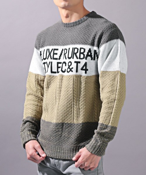 セール Luxe R ラグジュ ジャガードボーダーニット ニット メンズ セーター ボーダー 配色 ロゴ ジャガード編み ラグスタイル Luxstyle Magaseek