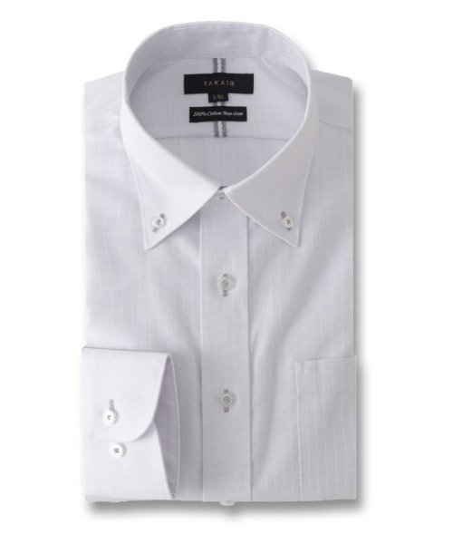TAKA-Q(タカキュー)/綿100％ ノーアイロン スタンダードフィット ボタンダウン 長袖 シャツ メンズ ワイシャツ ビジネス yシャツ 速乾 ノーアイロン 形態安定/ライトグレー