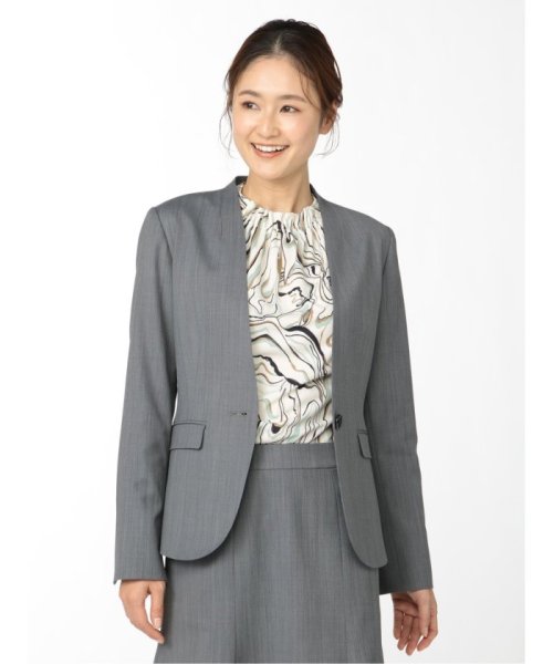 ストレッチウォッシャブル ウール混セットアップ カラーレスジャケット ダルブルー レディース セットアップ スーツ ジャケット ビジネス カジュアル 仕事 ビジネス・フォーマル スーツセットアップ L1398306934(10725円)