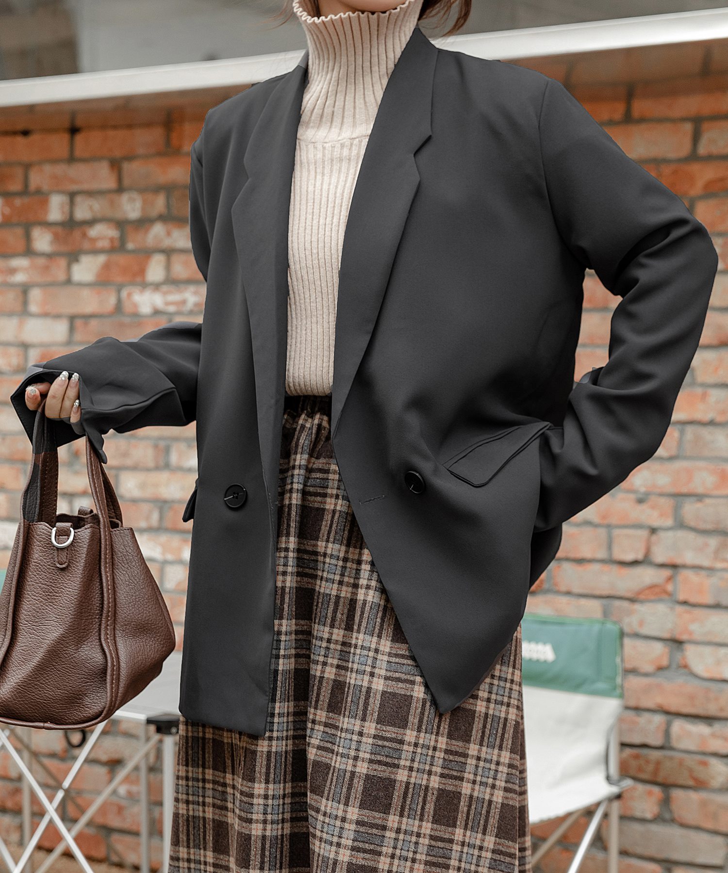 美品】CELFORD グレンチェックロングワンピース グレー 36 レザー