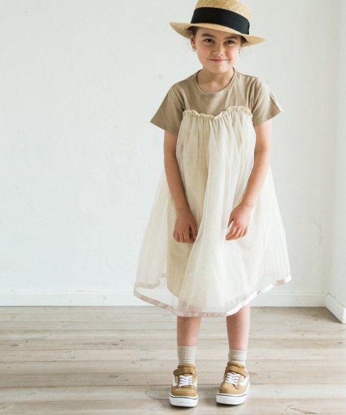 セール チュール ドッキング 異素材 半袖 サテン リボン ワンピース ペアマノン Pairmanon Magaseek