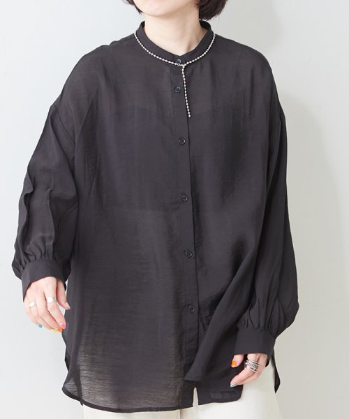 NICE CLAUP OUTLET(ナイスクラップ　アウトレット)/スタンドカラー袖ギャザーシャツ/ブラック