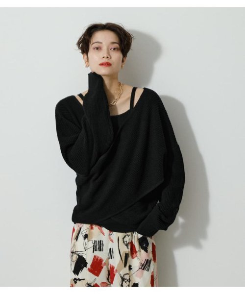AZUL by moussy(アズールバイマウジー)/2WAY FRONT TWIST SET KNIT TOPS/BLK