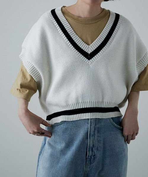 セール ショートチルデンニットベスト トップス ベスト Vネック チルデンニット ニット ニットベスト プルオーバー ノースリーブ ビッグシルエット 短丈 ショート ク エトル Etoll Magaseek