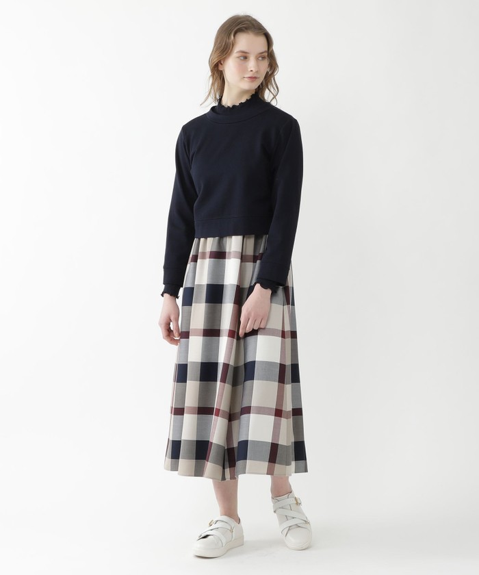 クレストブリッジチェックエアリーツイル カットソーコンビワンピース　ネイビー クレストブリッジチェックエアリーツイル カットソーコンビ