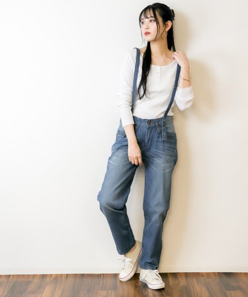 セール サスペンダー付きサルエルデニム 綿100 コットン ゆったり リラックス 美脚 オフィス フィット デニムパンツ 可愛い 大きいサイズ ビッグサイズ ビッグ アットワン Atone Magaseek
