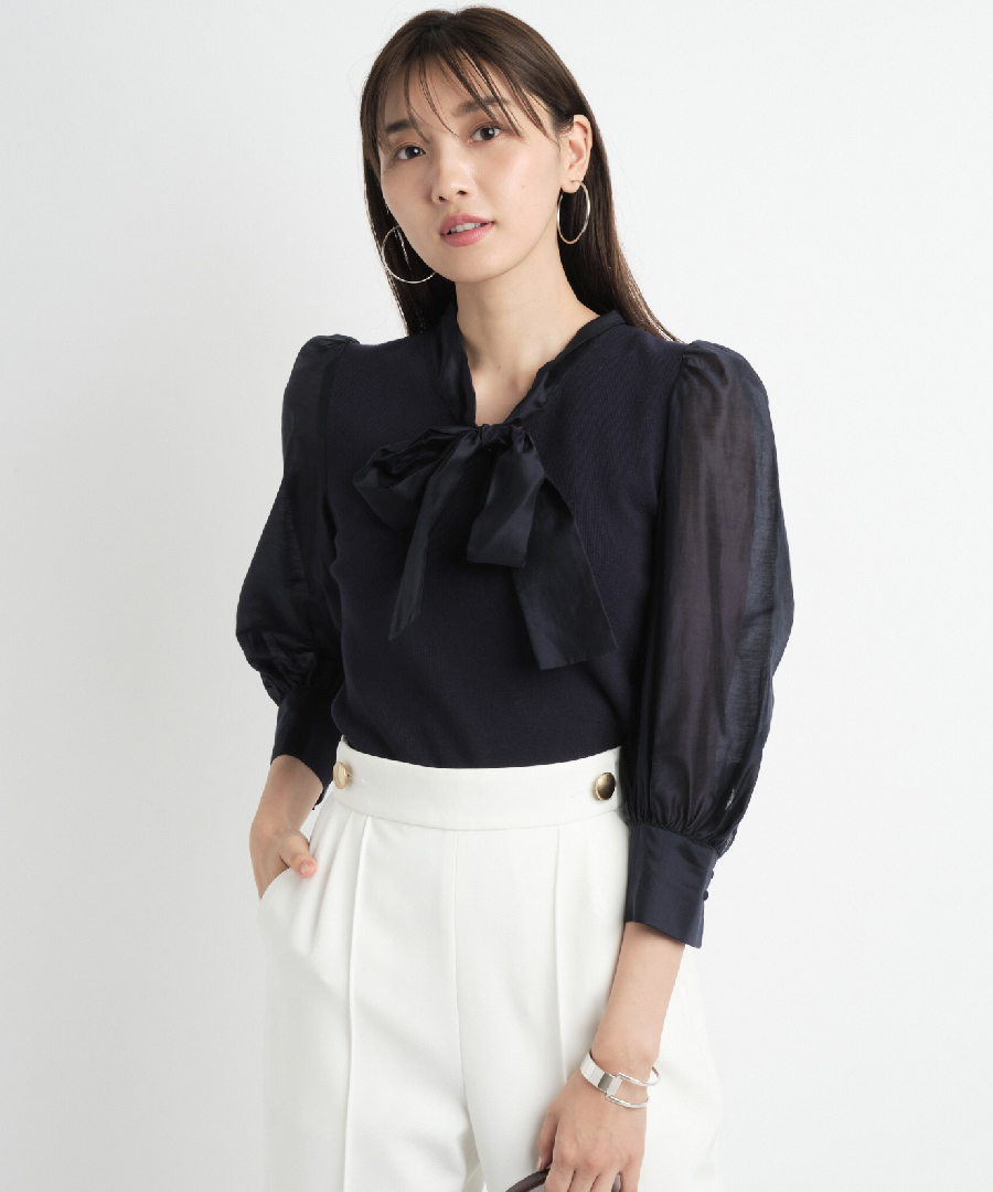 SALE/65%OFF】 ジャスグリッティー 8分袖ボウタイニット ホワイト