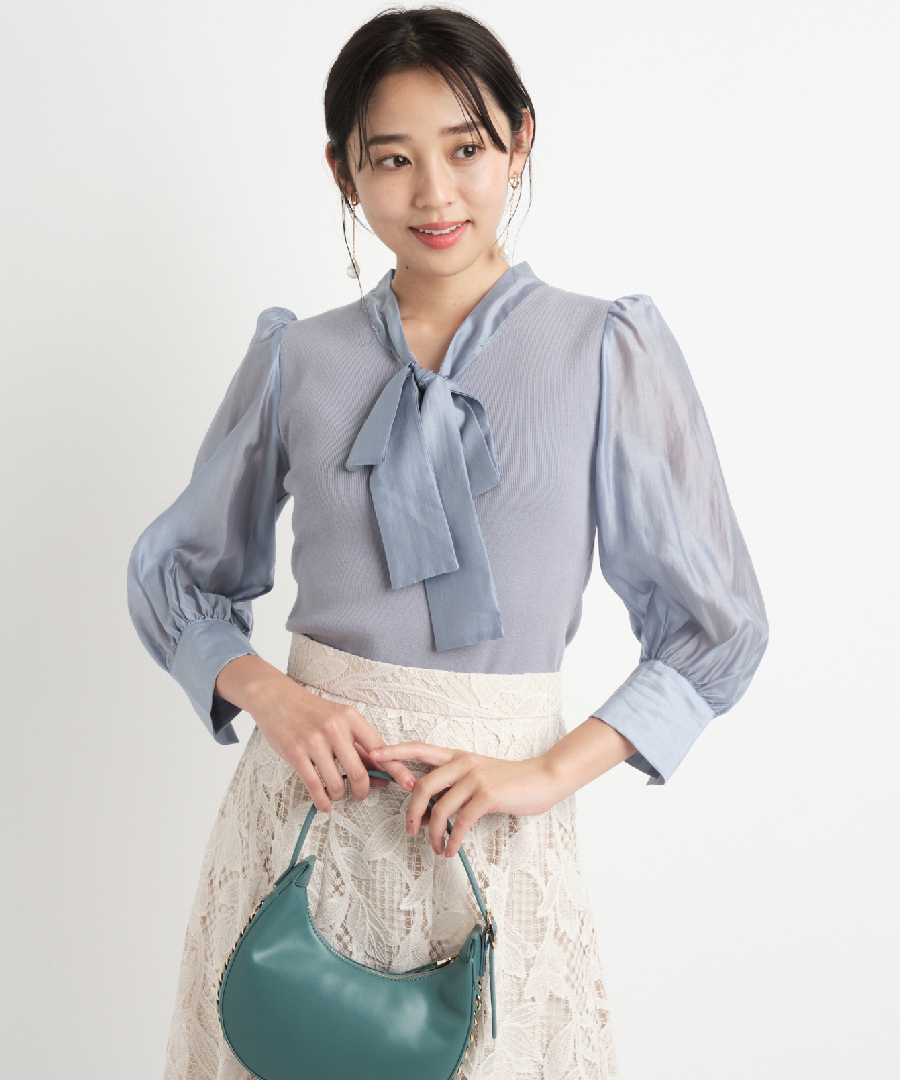 8分袖ボウタイニット