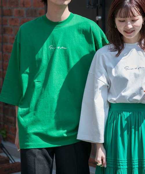 SENSE OF PLACE by URBAN RESEARCH(センスオブプレイス バイ アーバンリサーチ)/『ユニセックス』シシュウエクストラルーズTシャツ(5分袖)/GREEN