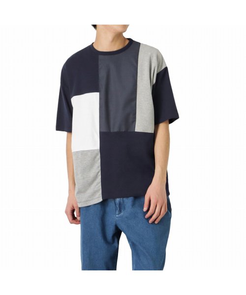 MAC HOUSE(men)(マックハウス（メンズ）)/URBAN COLLECTION アーバンコレクション ポンチ素材 切替Tシャツ MC22－145－11S/ネイビー