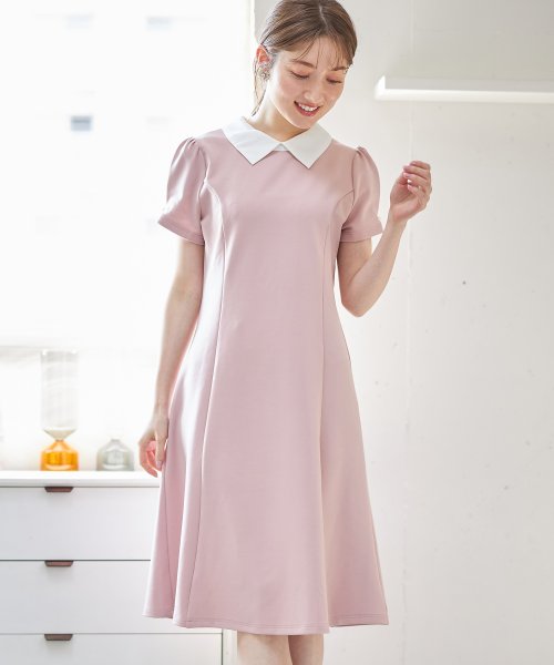 襟付き袖口パール装飾パフスリーブプリンセスライン配色ワンピース トッコクローゼット Tocco Closet Magaseek