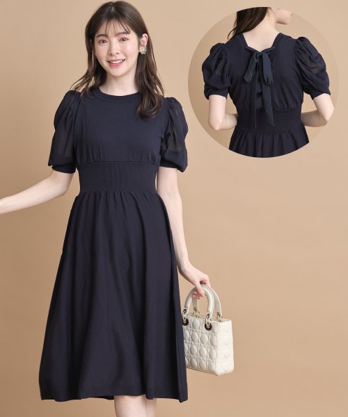 tocco closet(トッコクローゼット)/バックレースアップデザインシアーボリュームスリーブニットワンピース/NAVY