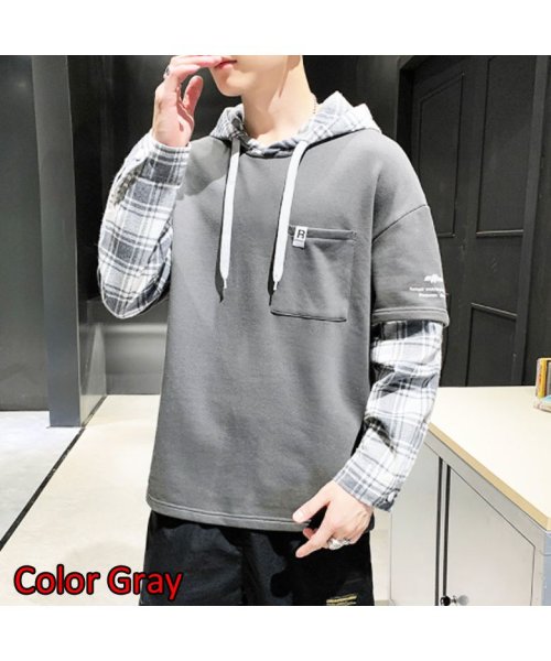 パーカー メンズ 40代 30代 代 男女兼用 ペアルック 長袖 チェック プルオーバー フェイクレイヤード アメカジ フード Men Pk0001 マウマウ ファッション Mowmow Fashion Magaseek