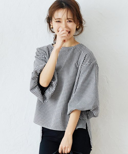 ギンガムチェックバルーンスリーブトップス コカ Coca Magaseek