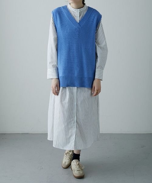 セール スタンドカラー シャツワンピース レディース ロング丈 長袖 スタンドカラー シャツワンピ ストライプ ワンピース バンドカラー エトル Etoll Magaseek
