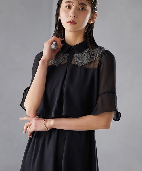 結婚式 ワンピース パーティードレス 付け襟 カラー レース シアー シフォン フレア ロング丈 袖あり 半袖 シンプル ロング 無地 オケージョン 1 5次会 ニアナ Niana Magaseek