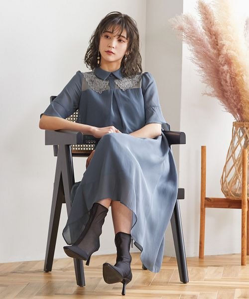 結婚式 ワンピース パーティードレス 付け襟 カラー レース シアー シフォン フレア ロング丈 袖あり 半袖 シンプル ロング 無地 オケージョン 1 5次会 ニアナ Niana Magaseek