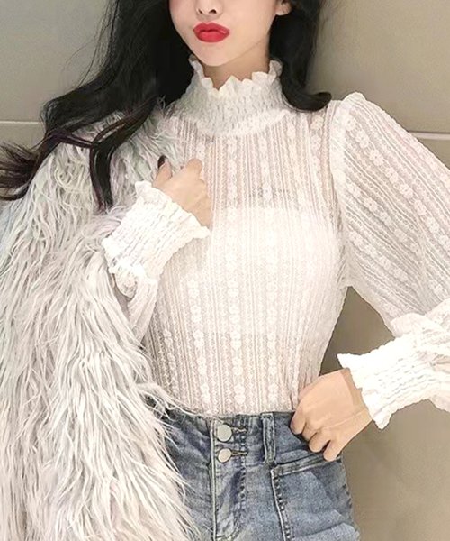 セール レース ソフトレース バルーンスリーブ 重ね着 レイヤード ハイネック シアー 韓国 ファッション ソフトレースバルーンスリーブトップス フューティアランド Futier Land Magaseek