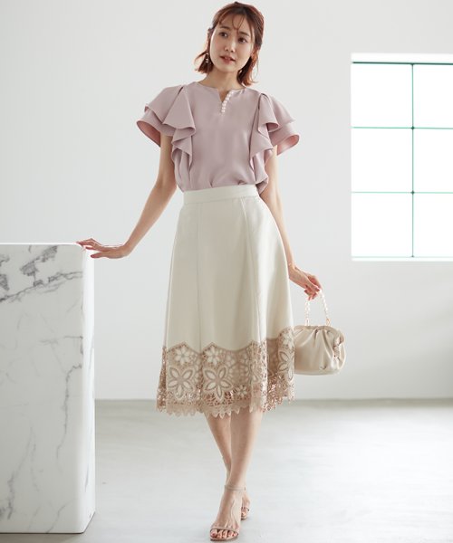 LAISSE PASSE(レッセ・パッセ)/裾刺繍フレアスカート/ベージュ