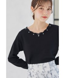 tocco closet(トッコクローゼット)/パールビジュー装飾スカラネックニットプルオーバー/BLACK