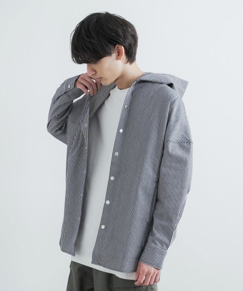 ジャケット フード ライトアウター メンズ レディース ビッグシルエット ツイル コットン ヒッコリーストライプ シャツ 上着 スプリング 春 カジュアル きれ ロッキーモンロー Rocky Monroe Magaseek